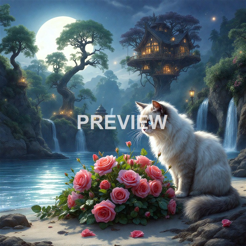 A fluffy white cat with blue eyes sits on a sandy shore near a bouquet of pink roses, with a mystical landscape of waterfalls, large trees, glowing lanterns, and a treehouse in the background under a bright full moon.